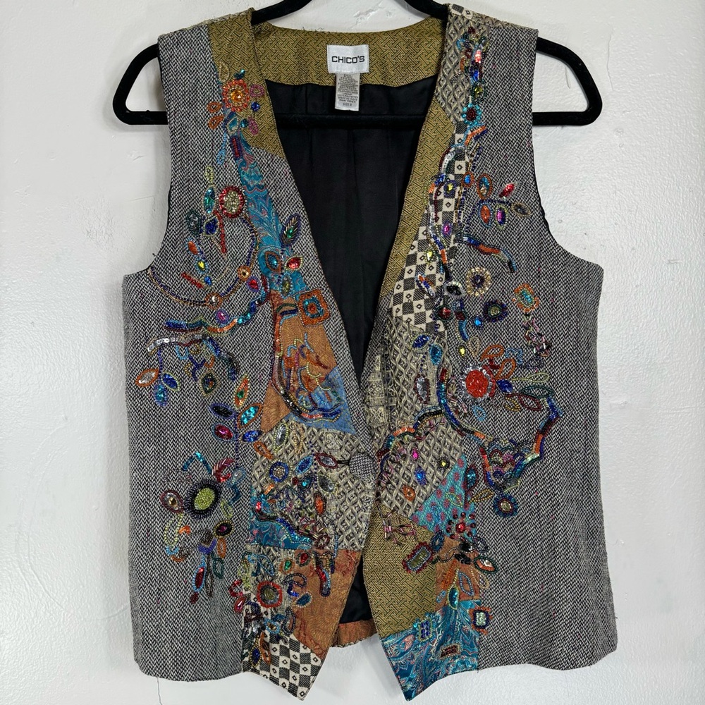 Chico’s Embroidered Patchwork Vest beaded Women’s Sz0 (Fits S/M) artsy floral